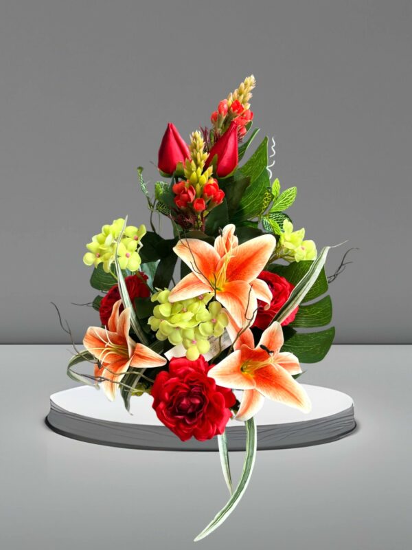 Composition Fleurs Rouges et Oranges Haute en Pot