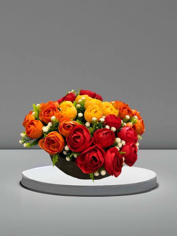 Composition Fleurs Rouges, Oranges et Jaunes en Pot