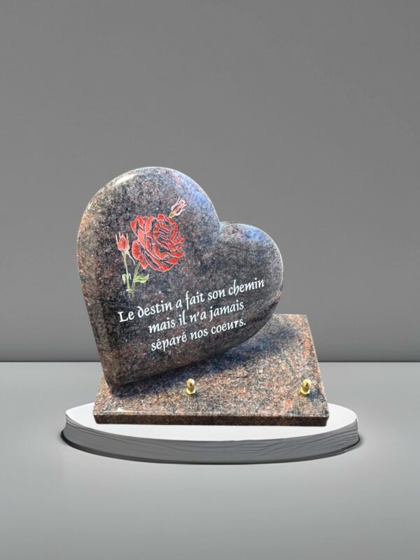 Plaque en Coeur avec Rose et Texte en Granit